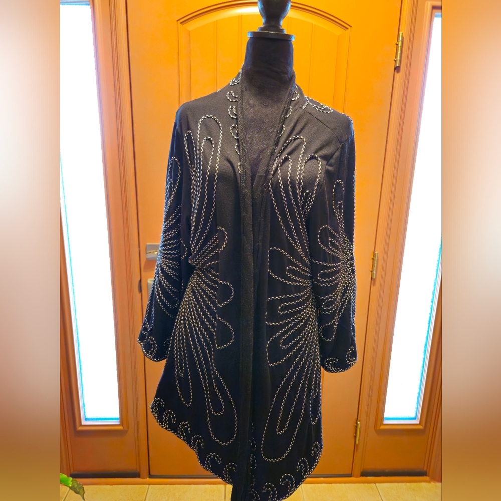 Investments II Brand Black Cardigan with All Over Embroidery Design Of White